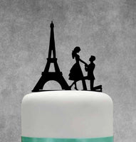 Proposal Couple in Paris Eiffel Tower Black Acrylic Cake Topper | Glowforge Laser Cut 1/8" Black Acrylic Custom Cake Topper for Wedding